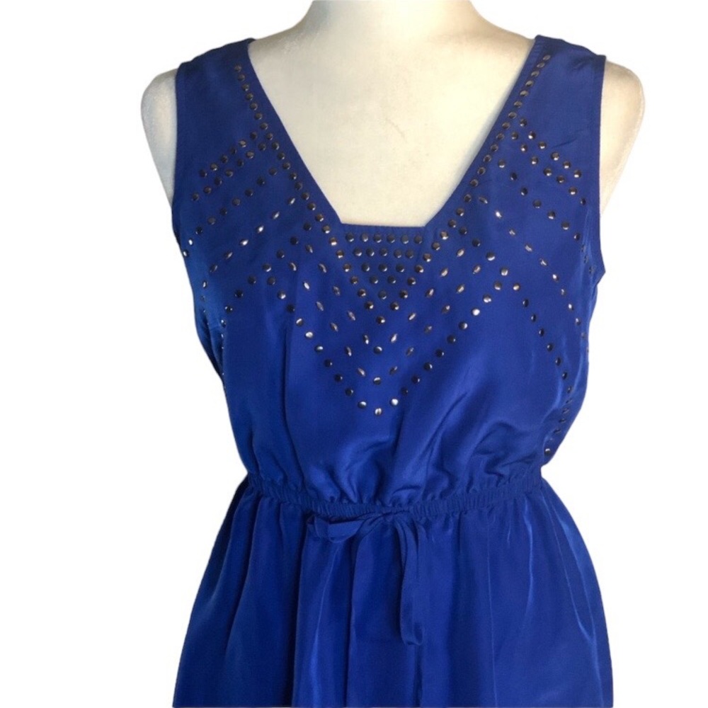 BeBop blue square v-neck dress with embellishments along neckline, Medium - Picture 2 of 7